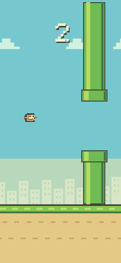 Bappy Flirds im Spiel: ein Vogel fliegt auf grüne Röhren zu
